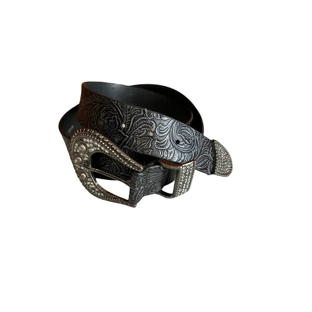 Chicos black and silver tooled faux leather belt with rhinestone detail
